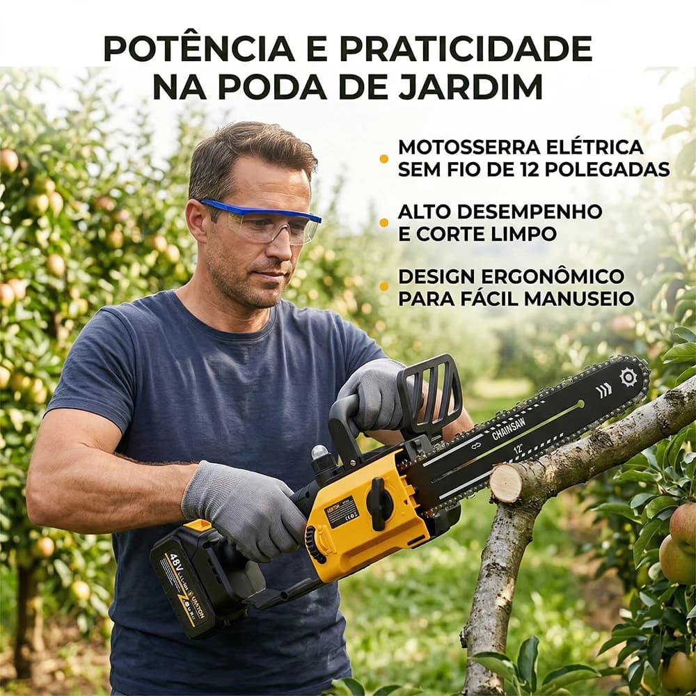 Motosserra Elétrica 48V Brushless 1200W com 2 Baterias